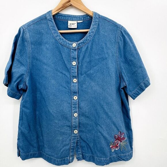 Koret City Blues Palm Tree Blue Chambray Button Top Womens Embroidered Large? - Picture 2 of 7